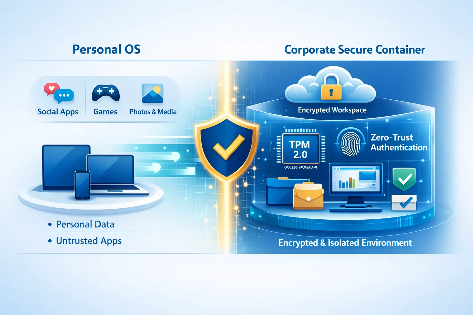 Secure BYOD architecture showing isolated corporate container, zero‑trust access, and TPM‑based verification