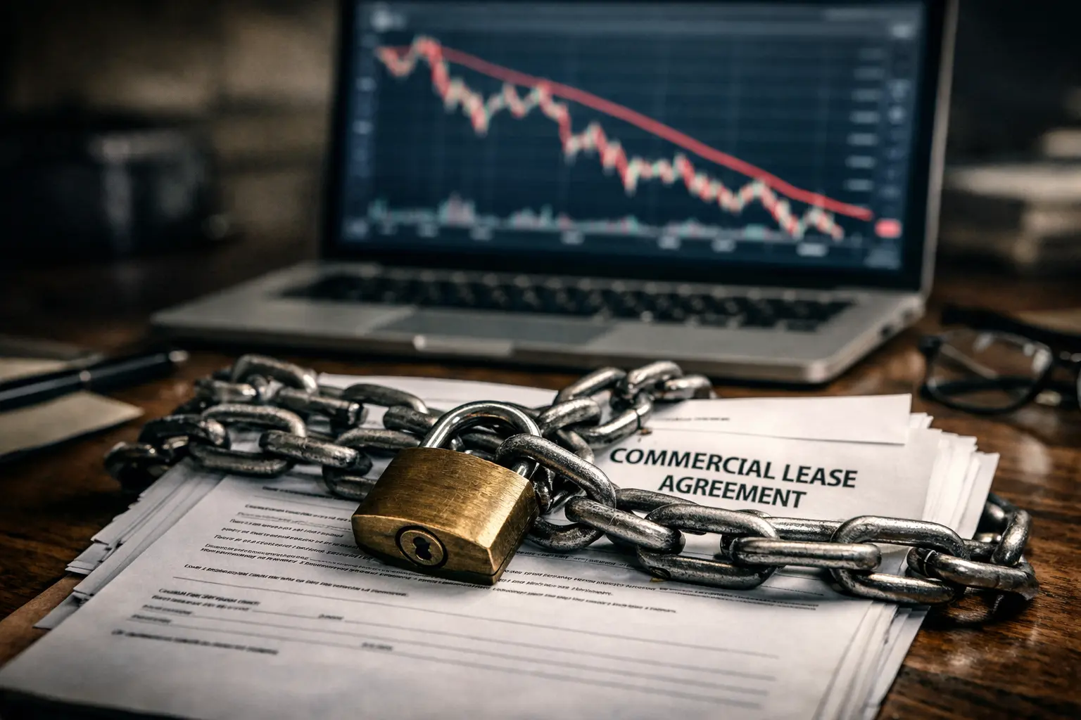 Close‑up of a commercial lease agreement locked with a heavy chain and padlock, symbolizing long‑term contract restrictions.