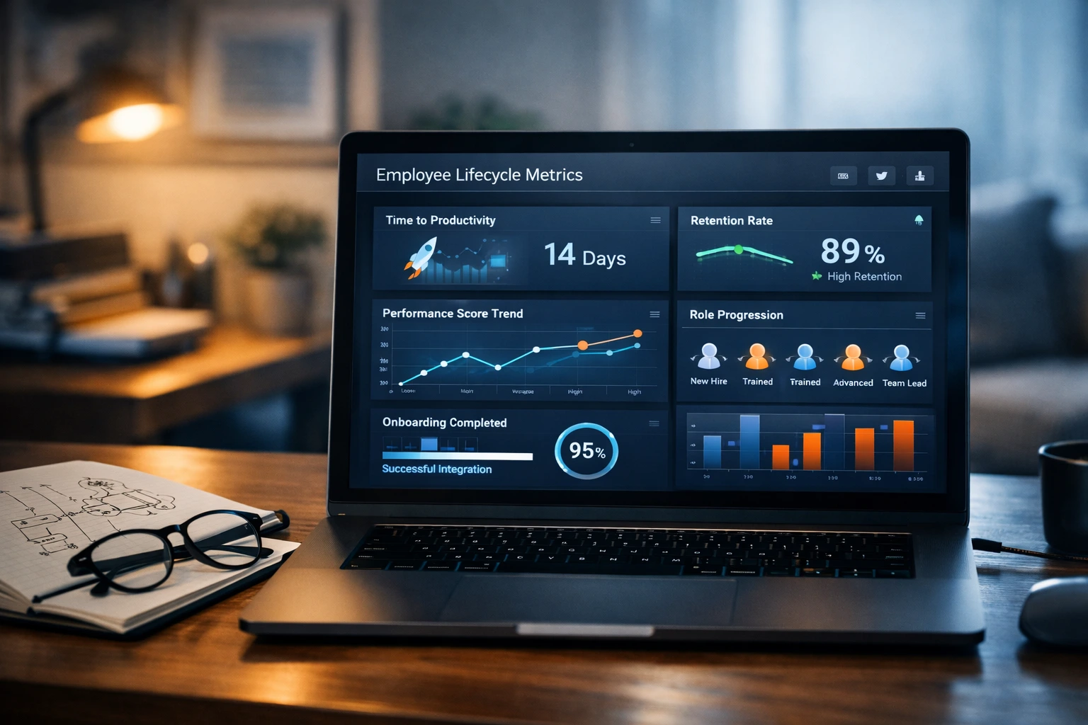 Realistic photo of an operations lead analyzing global dashboards showing regional team growth and performance metrics.