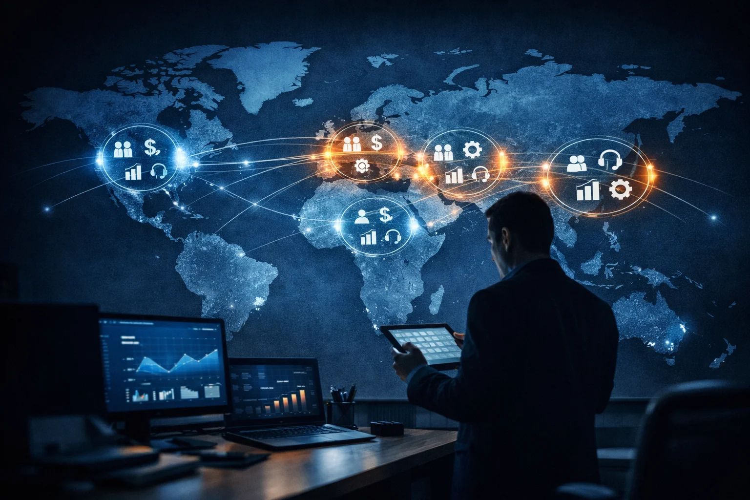 Realistic photo of a digital dashboard visualizing geographic and functional cluster analytics with charts and diagrams.