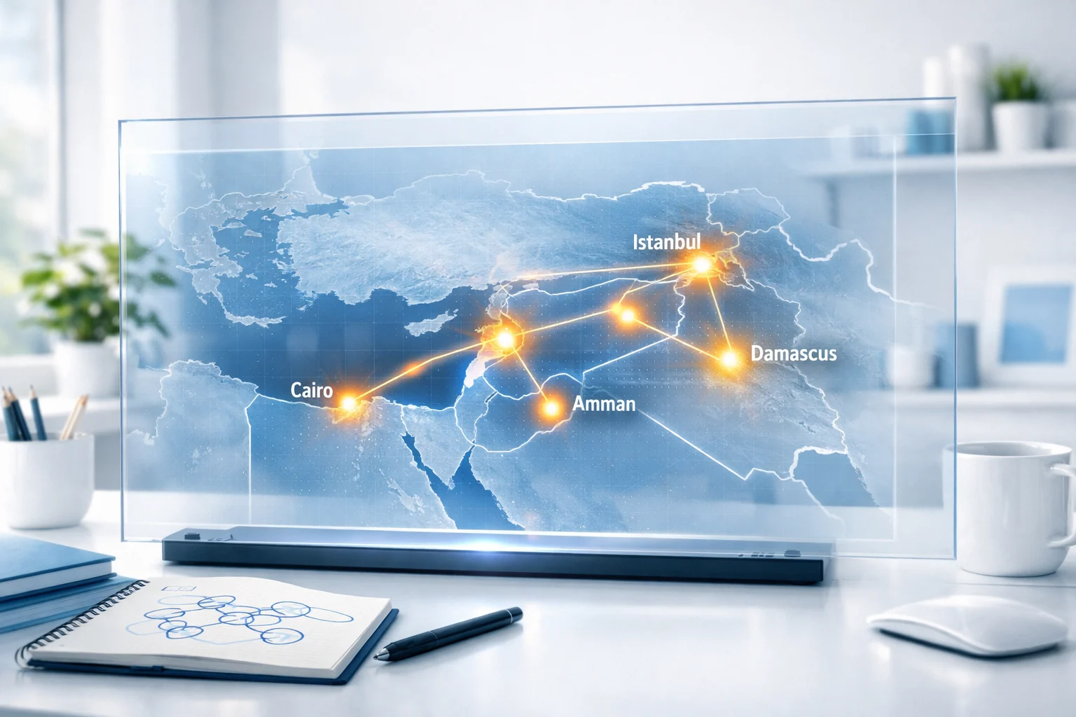 Bright realistic photo of a digital MENA map showing connected nodes symbolizing infrastructure bridging and regional growth.