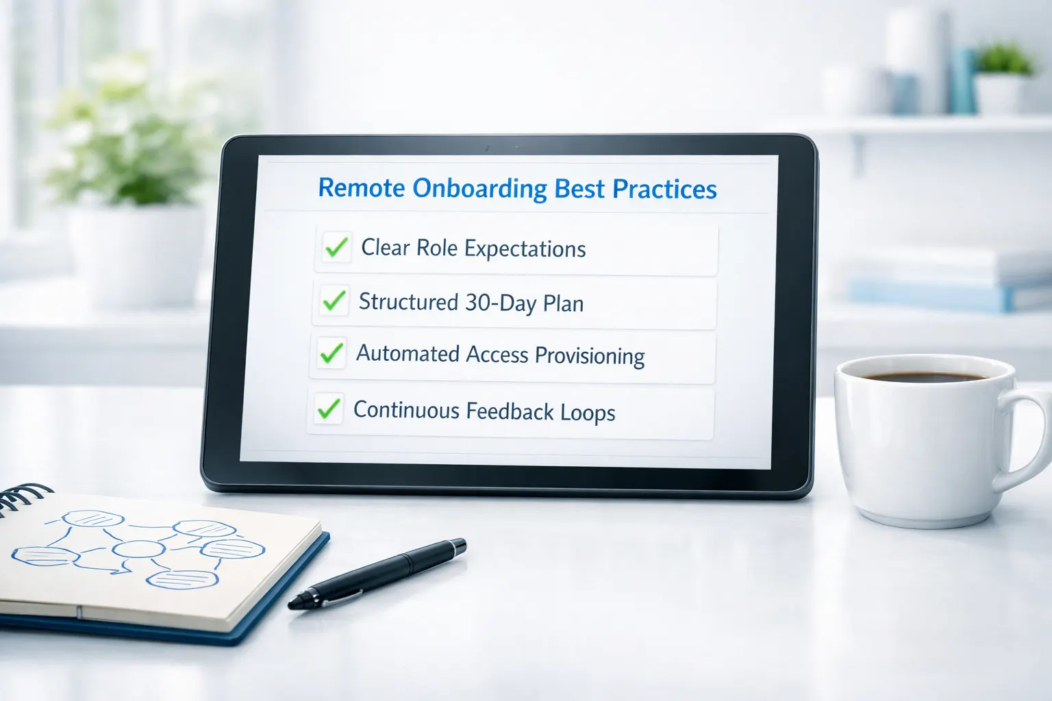 Bright realistic photo of a tablet showing a remote onboarding best practices checklist in a clean modern workspace.