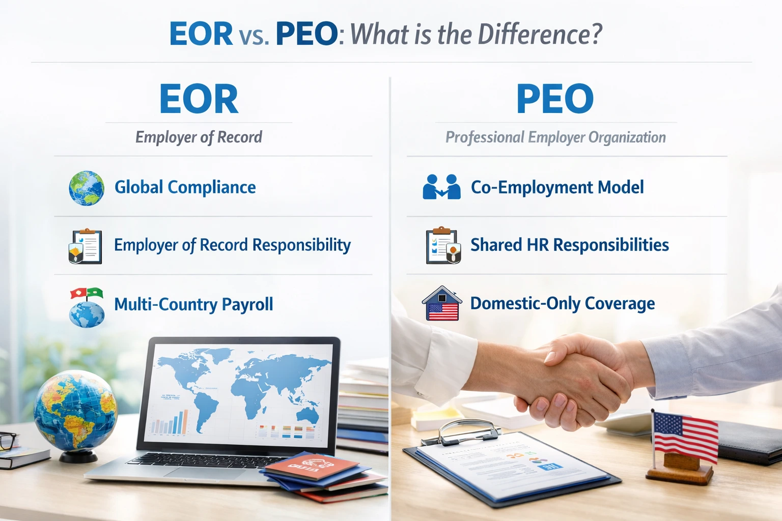 Bright split-screen photo comparing EOR global compliance and payroll with PEO co‑employment and domestic HR services.