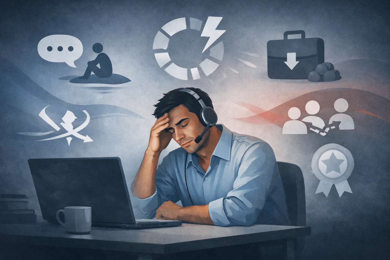 Remote employee showing signs of disengagement with abstract icons representing isolation, burnout, and communication gaps