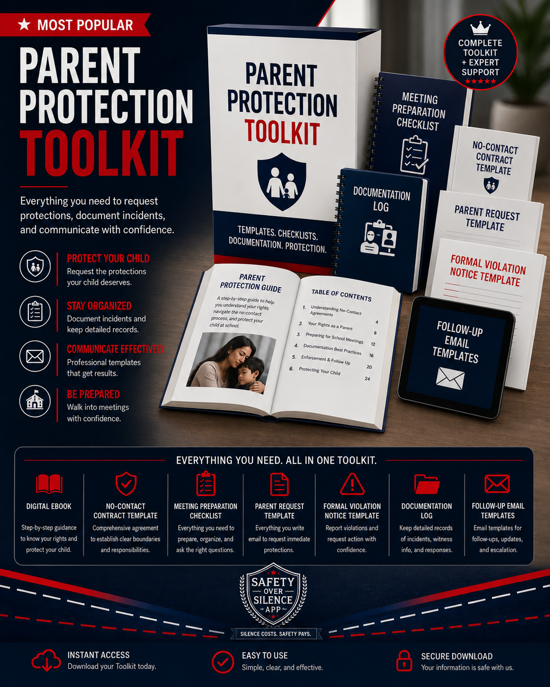 Parent Protection Toolkit box with Meeting Preparation Checklist, Documentation Log, No-Contact Contract Template, Parent Request Template, Formal Violation Notice Template, Follow-Up Email Templates, and the Parent Protection Guide ebook