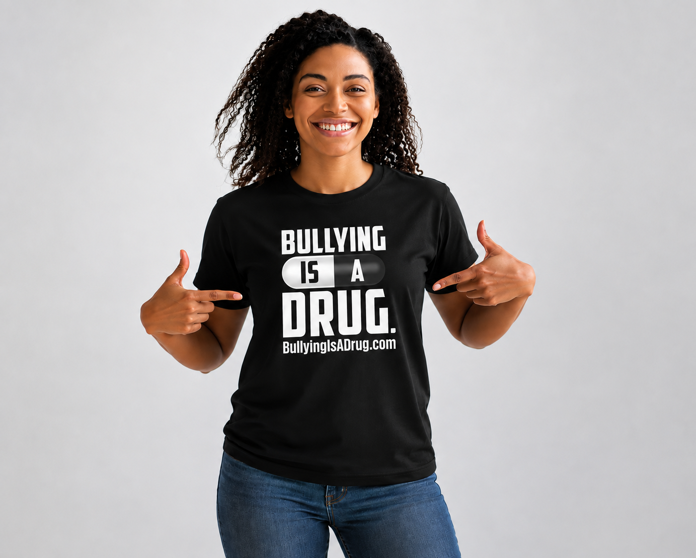 Bullying Is a Drug T-shirt — front, worn by female model