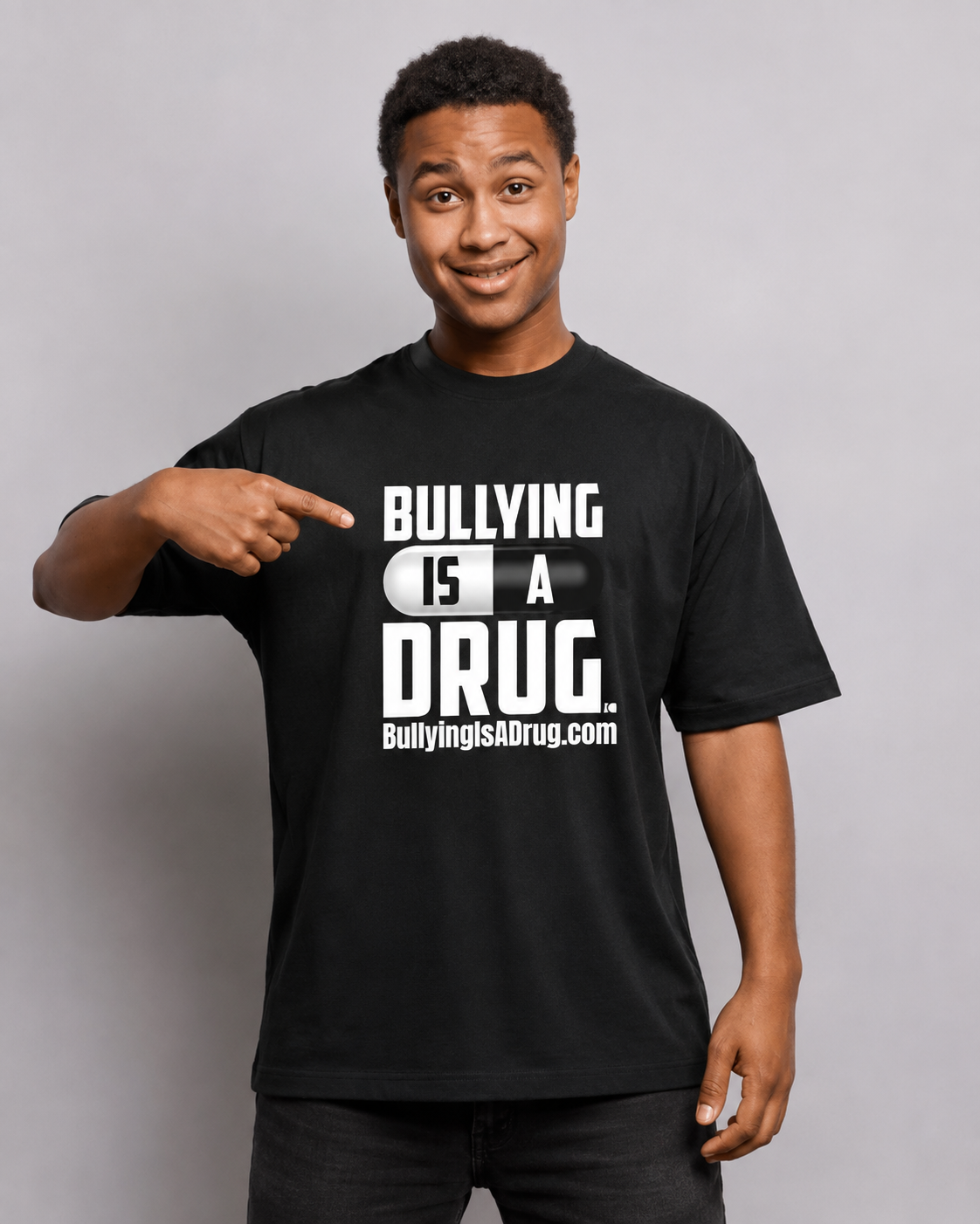 Bullying Is a Drug T-shirt — front, worn by male model