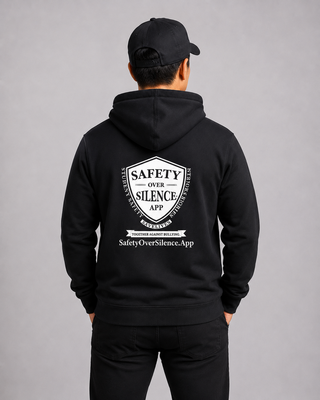 Bullying Is a Drug hoodie — back, worn by male model