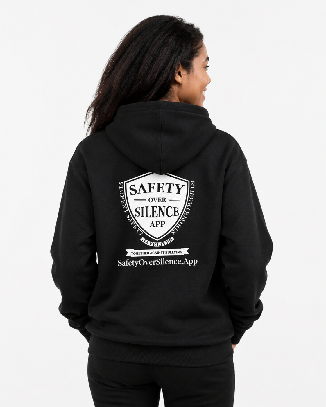 Bullying Is a Drug hoodie — back, worn by female model