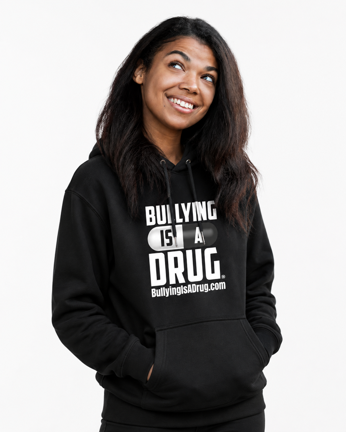 Bullying Is a Drug hoodie — front, worn by female model