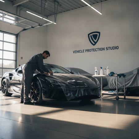 Paint protection film installation on vehicle at studio