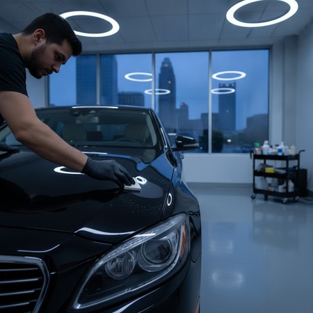 Technician detailing vehicle interior and exterior Charlotte