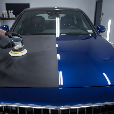 Paint correction machine polishing on vehicle clear coat