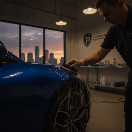 Paint protection film installation on vehicle at studio