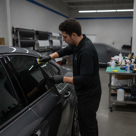 Window tint installation on vehicle in Charlotte shop
