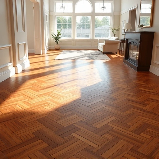 Polished hardwood flooring in herringbone pattern, warm tones, elegant baseboards, spacious living area with sunlight.