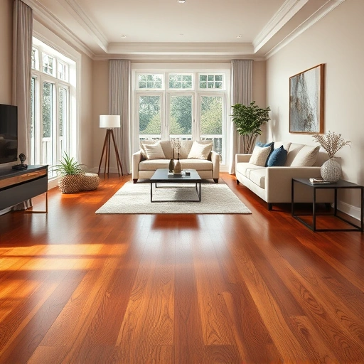 Elegant living room in Villa Park IL with rich hardwood floors, modern furniture, and stylish decor elements.