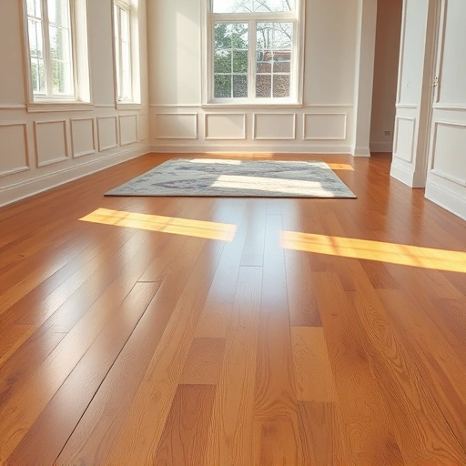 Spacious room with gleaming hardwood flooring, large windows, neutral walls, and stylish area rug in Darien IL.