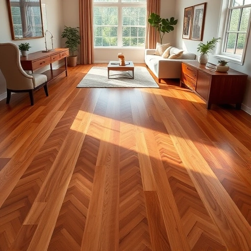 Hardwood floor installation in Darien IL, featuring polished oak in herringbone pattern with stylish decor and natural light.