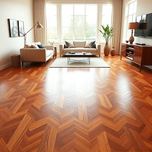 Spacious Villa Park living room with herringbone hardwood floors, modern furnishings, and natural light ambiance.