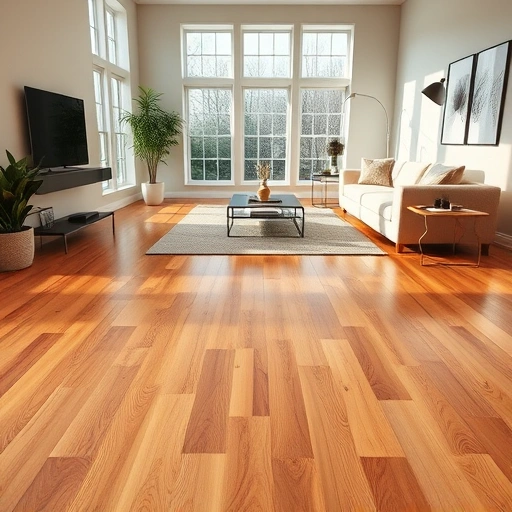 Spacious living room in Woodridge IL featuring elegant oak hardwood floors and contemporary furniture in soft light.