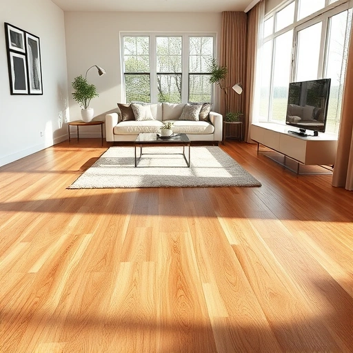 Completed laminate floor installation in a modern Darien IL living room with oak finish and stylish decor.