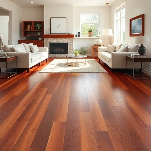 Solid hardwood floor installation in Darien IL with polished mahogany, natural light, and elegant decor.
