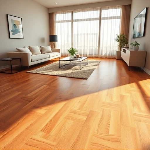 Completed hardwood flooring installation in Berwyn IL with warm tones, modern furniture, and natural light ambiance.