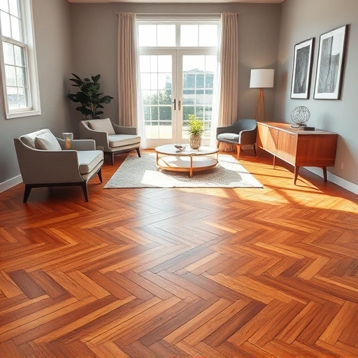 Stunning hardwood flooring in herringbone pattern, modern furniture, soft gray walls, bright natural light.