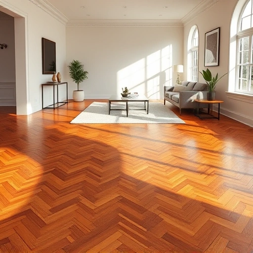 Stunning hardwood floor in herringbone pattern with modern baseboards and decor in Hinsdale IL interior design.