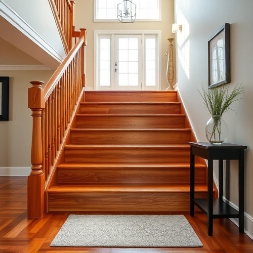 Beautiful wooden staircase with polished treads and elegant railings in a softly lit entryway in Darien IL.