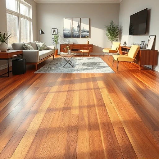 Stunning hardwood floor installation in Tinley Park, featuring rich tones, glossy finish, and contemporary decor.