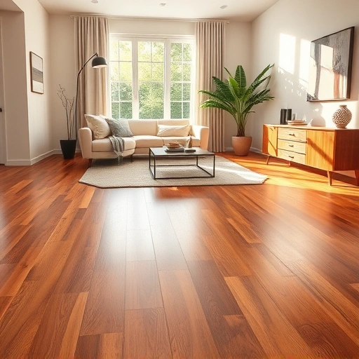 Elegant living room in Western Springs IL with rich hardwood flooring, modern furniture, and vibrant indoor plants.