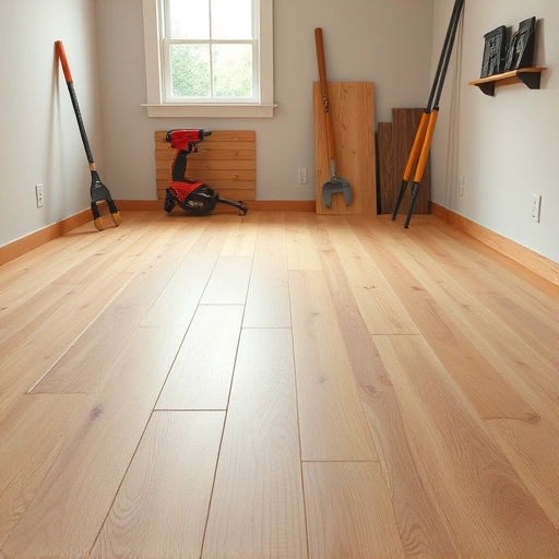 Smooth wooden subfloor repair in a modern Darien IL basement, showcasing expert craftsmanship and inviting atmosphere.