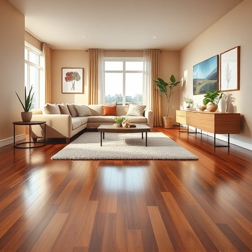 Beautiful living room in Orland Park IL with polished hardwood floors, modern furniture, and warm decor accents.