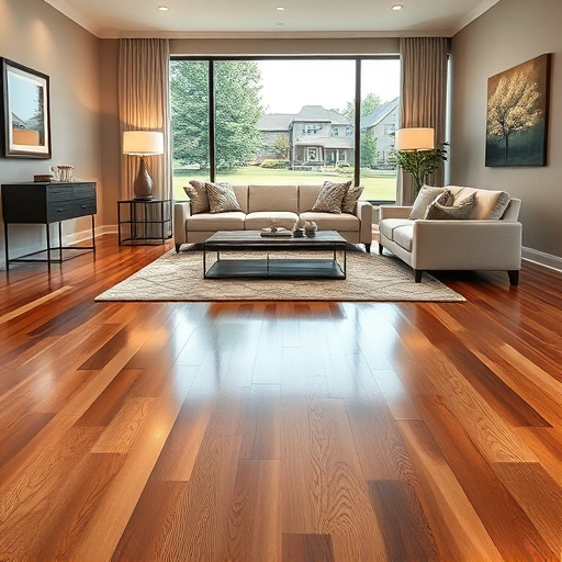 Spacious living room in Berwyn, IL with polished hardwood floors, stylish furniture, and ambient lighting.