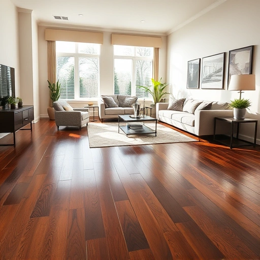Spacious living room in Addison, IL with dark hardwood floors, plush gray sofa, and modern decor, filled with natural light.