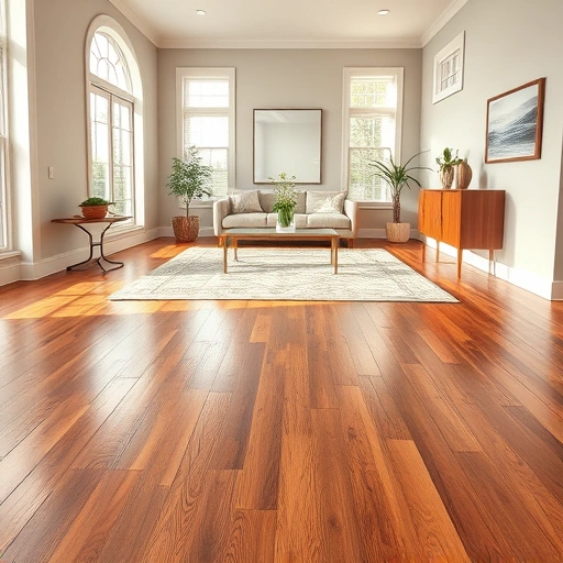 Completed hardwood flooring installation in Bolingbrook IL, showcasing a warm modern living space with elegant decor.
