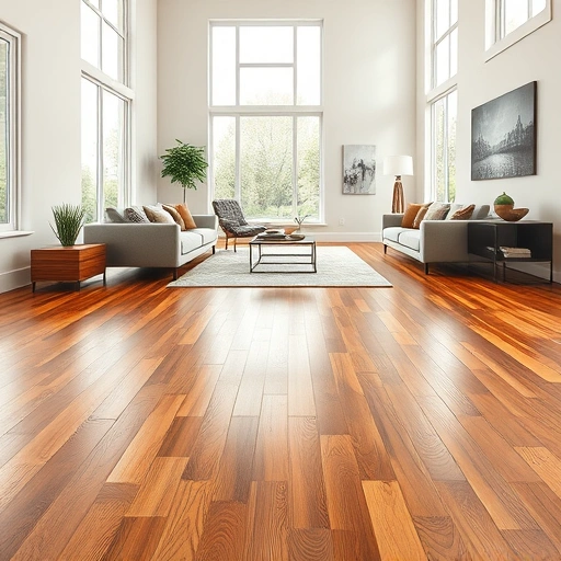 Modern living room in La Grange IL featuring rich hardwood flooring, minimalistic furniture, and natural light.