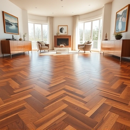 Elegant herringbone hardwood flooring in a spacious, well-lit room with modern decor in Tinley Park IL.
