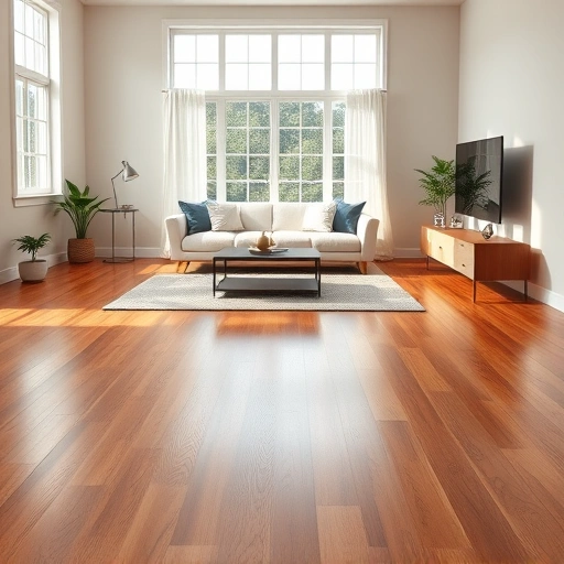 Spacious living room in Romeoville IL with elegant hardwood floors, minimalistic furniture, and natural light.