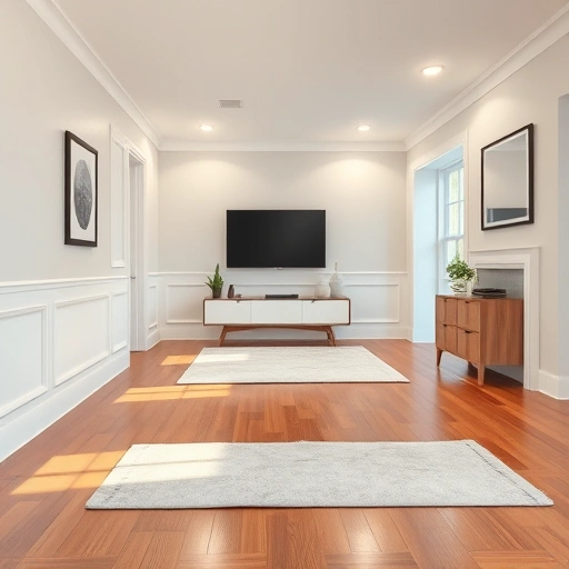 Completed baseboard installation in a modern living room in Darien IL with polished hardwood and elegant decor.