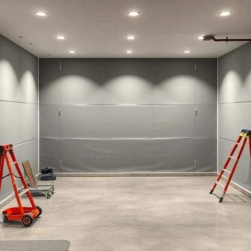 Moisture barrier installation in a clean, well-lit basement in Darien IL with polished concrete and organized tools.