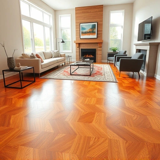 Spacious living room in Lockport IL with polished hardwood floors, modern furniture, and a cozy fireplace.