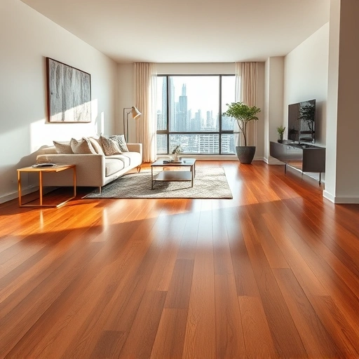 Modern Chicago living room with sleek hardwood floors, stylish furnishings, and skyline view through large windows.