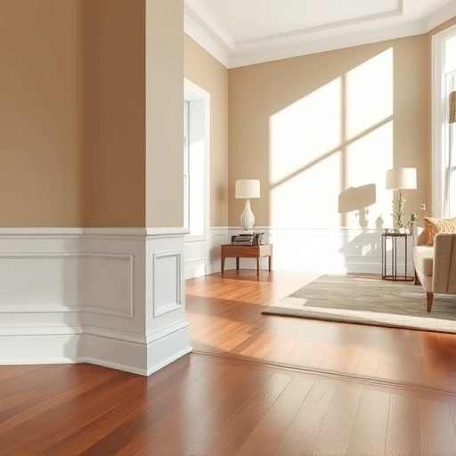 Completed baseboard installation in a modern Darien IL living room with crisp white wood and polished hardwood flooring.