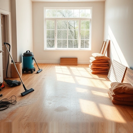 Flooring removal and disposal in a clean, well-lit room in Darien IL, showcasing tools and polished subfloor.