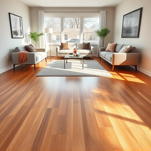 Modern living room in Elmhurst IL featuring polished oak flooring, stylish rug, and contemporary decor elements.