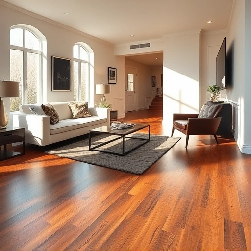 Modern living room in Munster IN with polished hardwood floors, elegant furniture, and natural light ambiance.