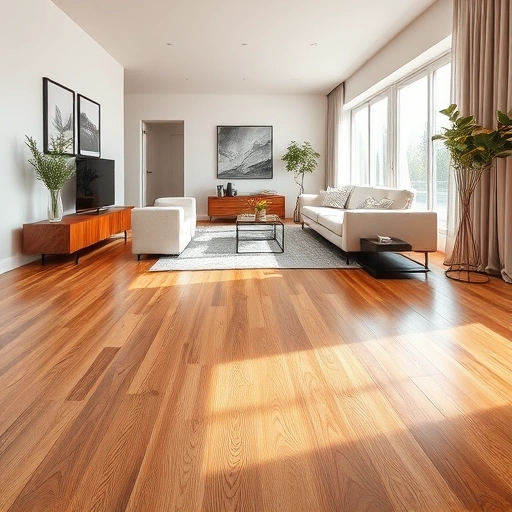 Elegant hardwood flooring installation in modern living area, showcasing rich wood tones and natural lighting.